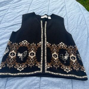 Vintage Sharon Young Front Zip Black/Tan Beaded Chicken Sweater Vest Size Medium